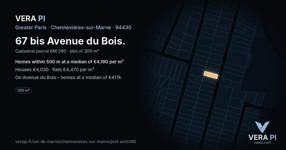 67 bis Avenue du Bois, Chennevières-sur-Marne at night – the plot lit, the parcels around coloured by the prices near them
