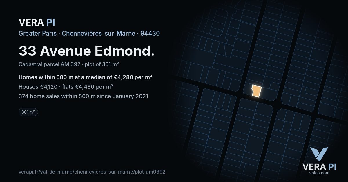 33 Avenue Edmond, Chennevières-sur-Marne at night – the plot lit, the parcels around coloured by the prices near them