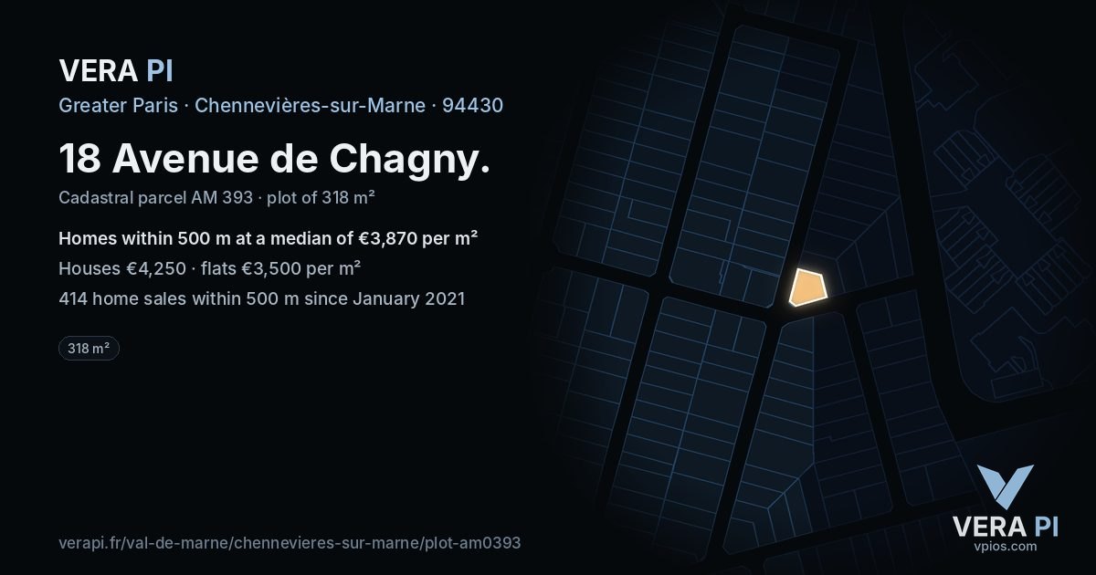 18 Avenue de Chagny, Chennevières-sur-Marne at night – the plot lit, the parcels around coloured by the prices near them