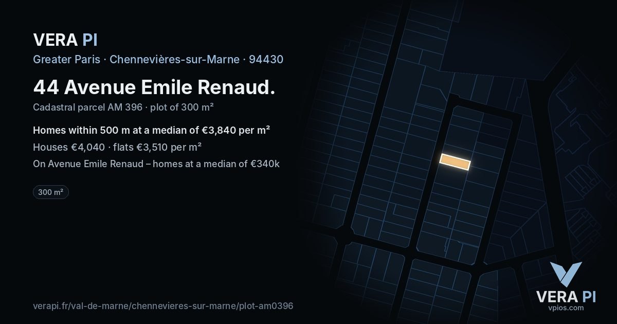 44 Avenue Emile Renaud, Chennevières-sur-Marne at night – the plot lit, the parcels around coloured by the prices near them