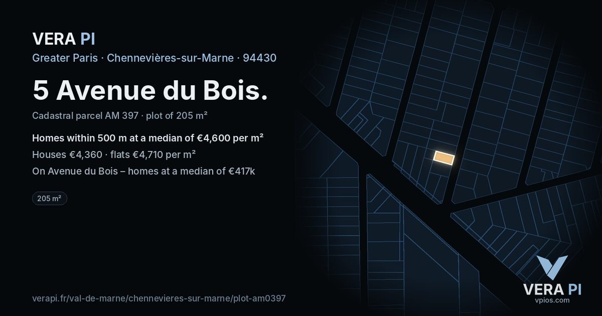 5 Avenue du Bois, Chennevières-sur-Marne at night – the plot lit, the parcels around coloured by the prices near them