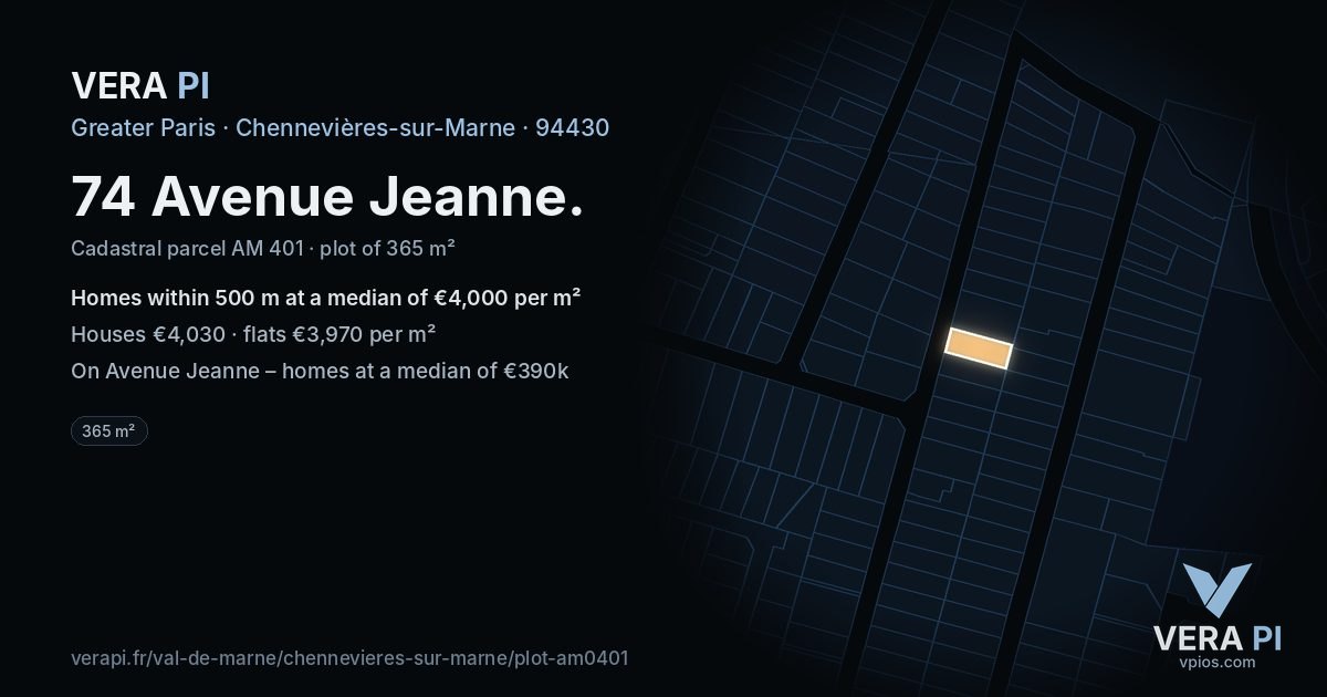 74 Avenue Jeanne, Chennevières-sur-Marne at night – the plot lit, the parcels around coloured by the prices near them