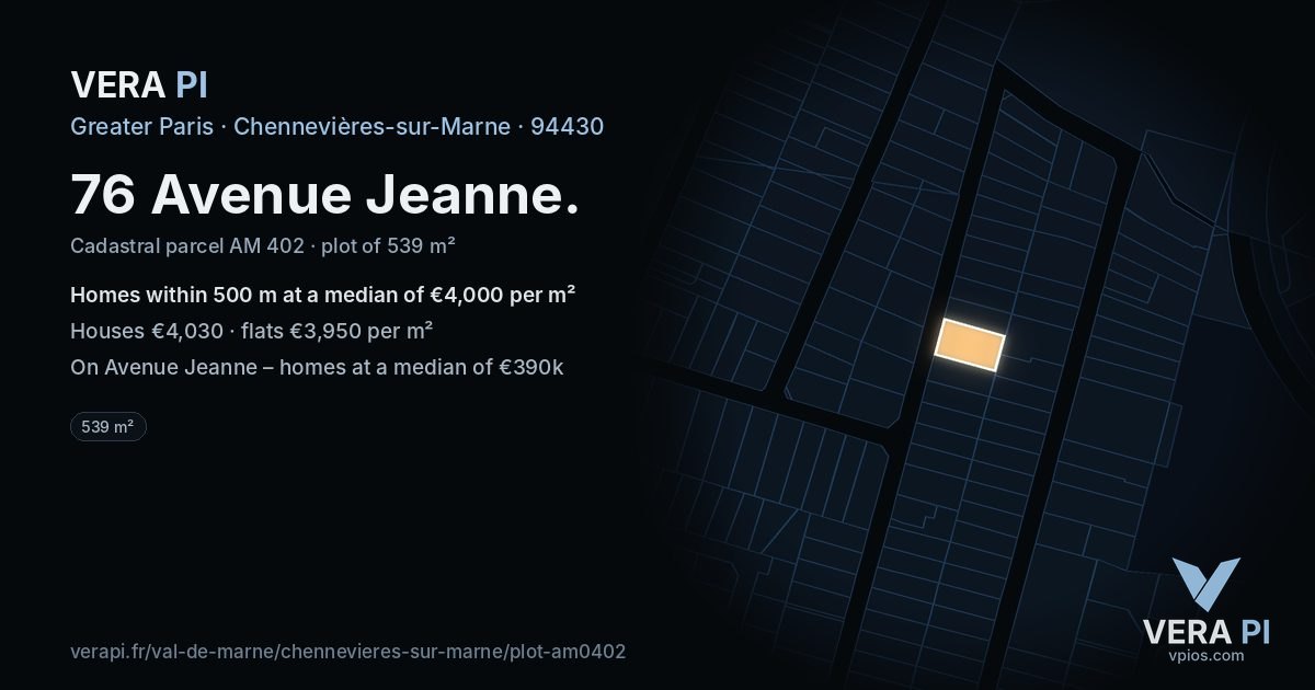 76 Avenue Jeanne, Chennevières-sur-Marne at night – the plot lit, the parcels around coloured by the prices near them
