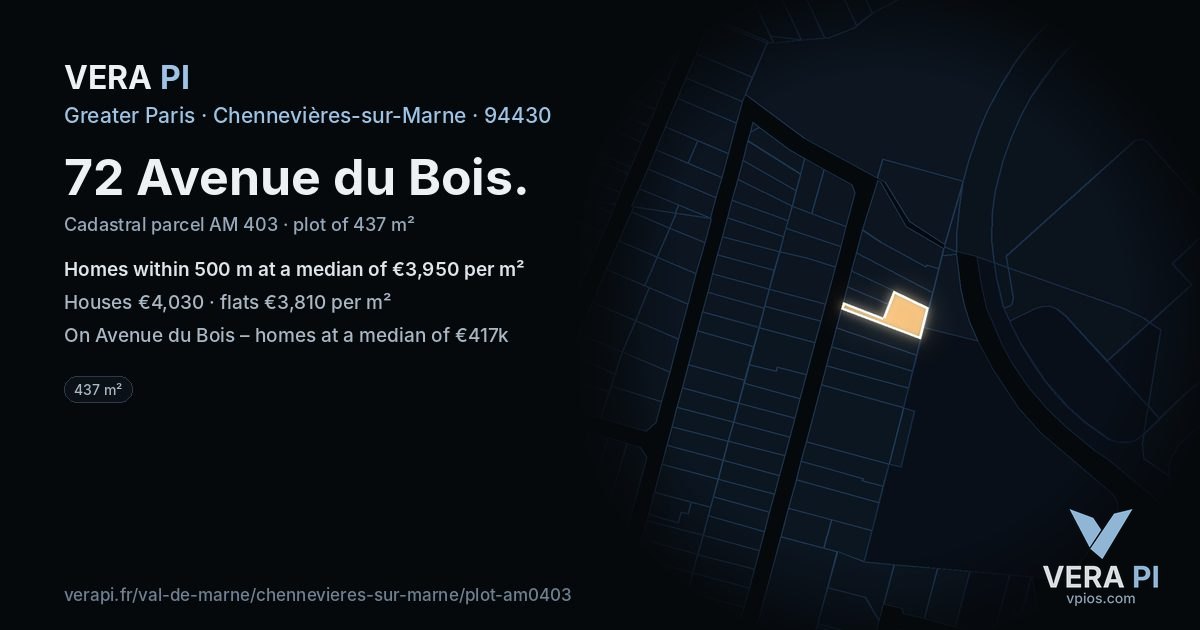 72 Avenue du Bois, Chennevières-sur-Marne at night – the plot lit, the parcels around coloured by the prices near them