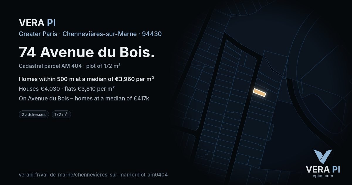 74 Avenue du Bois, Chennevières-sur-Marne at night – the plot lit, the parcels around coloured by the prices near them