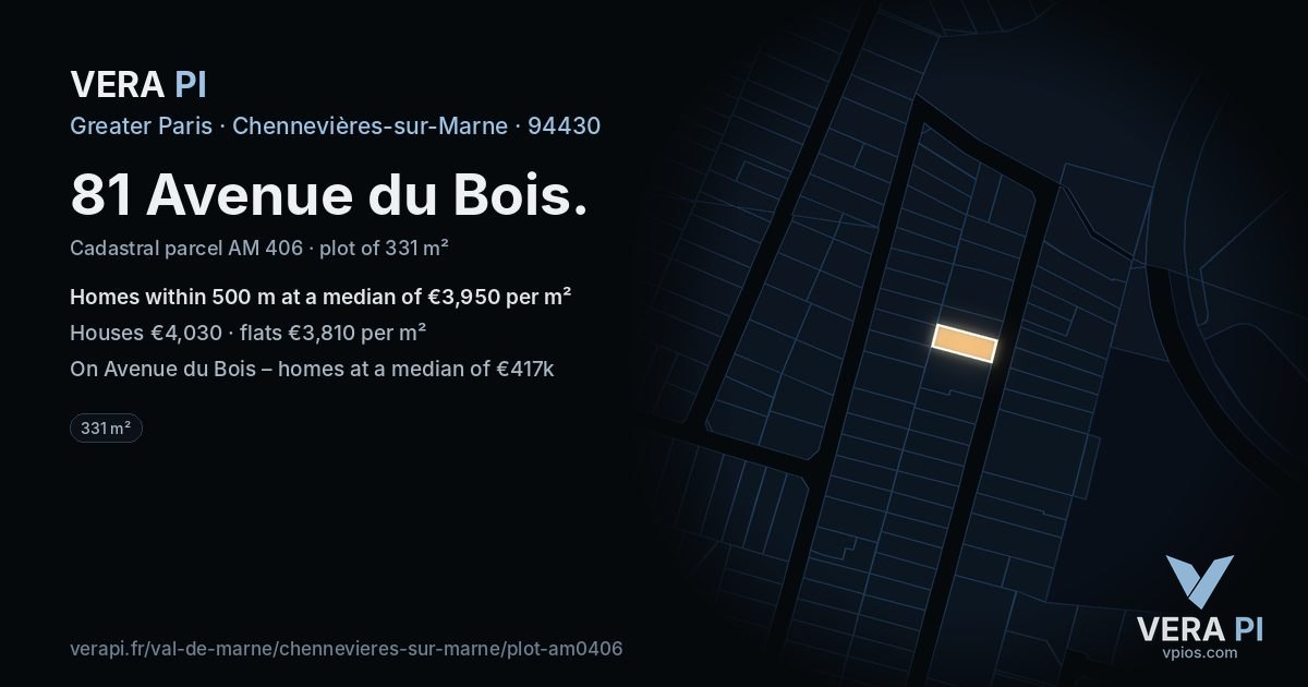 81 Avenue du Bois, Chennevières-sur-Marne at night – the plot lit, the parcels around coloured by the prices near them