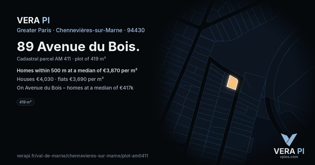 89 Avenue du Bois, Chennevières-sur-Marne at night – the plot lit, the parcels around coloured by the prices near them