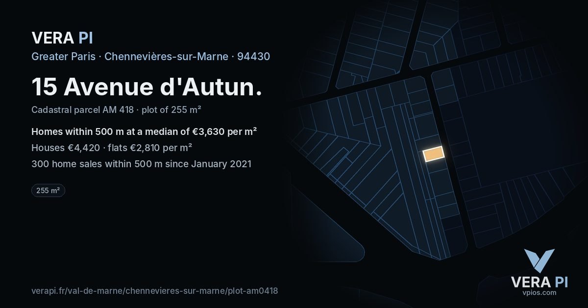 15 Avenue d'Autun, Chennevières-sur-Marne at night – the plot lit, the parcels around coloured by the prices near them