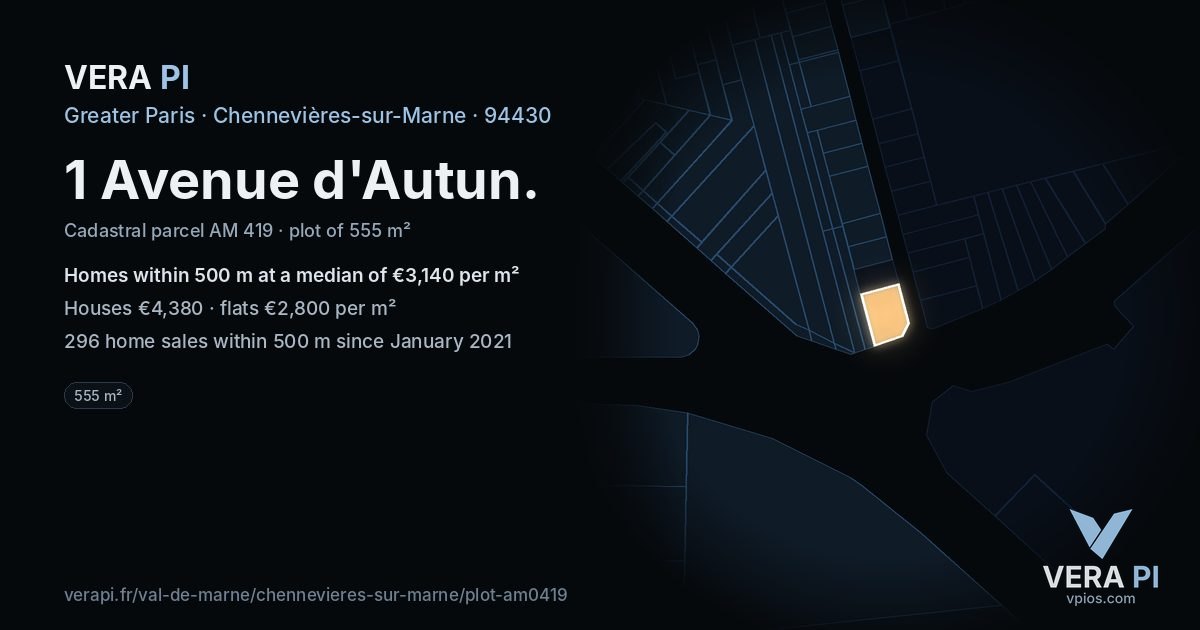 1 Avenue d'Autun, Chennevières-sur-Marne at night – the plot lit, the parcels around coloured by the prices near them