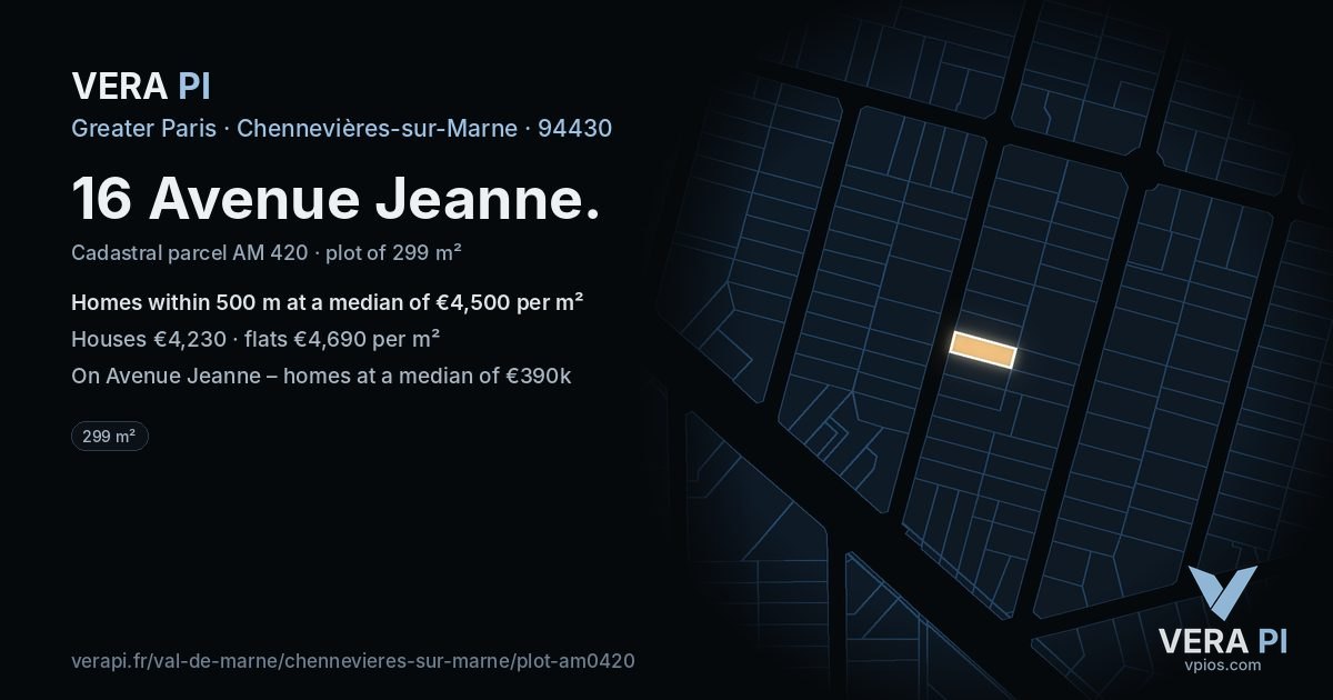 16 Avenue Jeanne, Chennevières-sur-Marne at night – the plot lit, the parcels around coloured by the prices near them