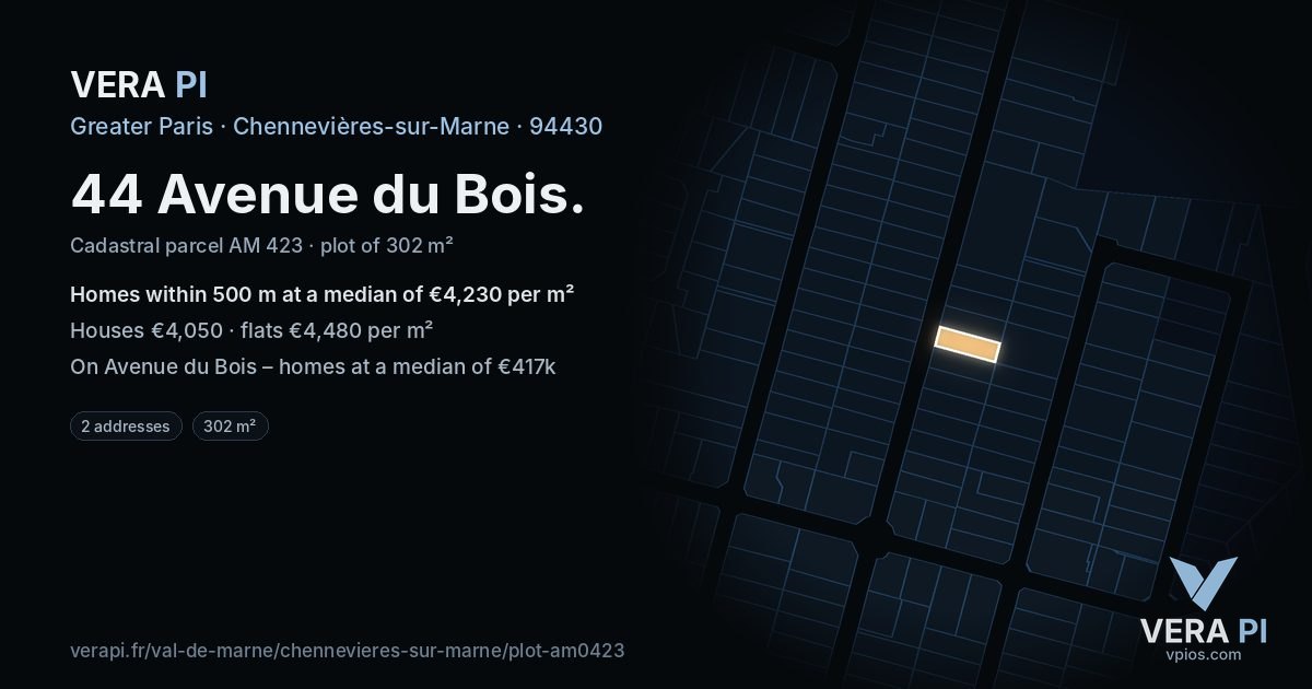 44 Avenue du Bois, Chennevières-sur-Marne at night – the plot lit, the parcels around coloured by the prices near them