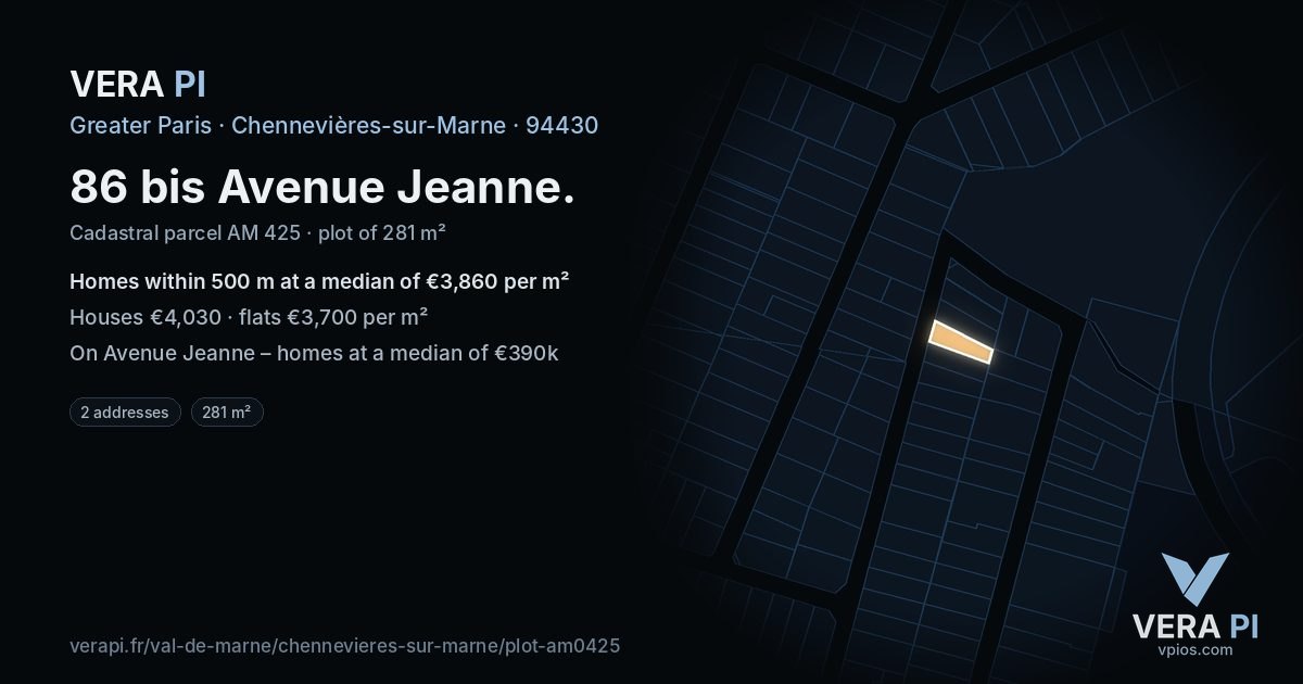 86 bis Avenue Jeanne, Chennevières-sur-Marne at night – the plot lit, the parcels around coloured by the prices near them