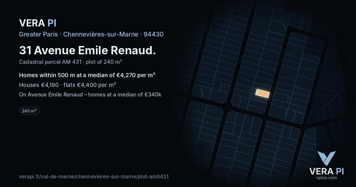 31 Avenue Emile Renaud, Chennevières-sur-Marne at night – the plot lit, the parcels around coloured by the prices near them