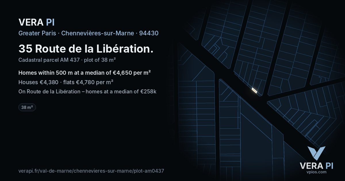 35 Route de la Libération, Chennevières-sur-Marne at night – the plot lit, the parcels around coloured by the prices near them