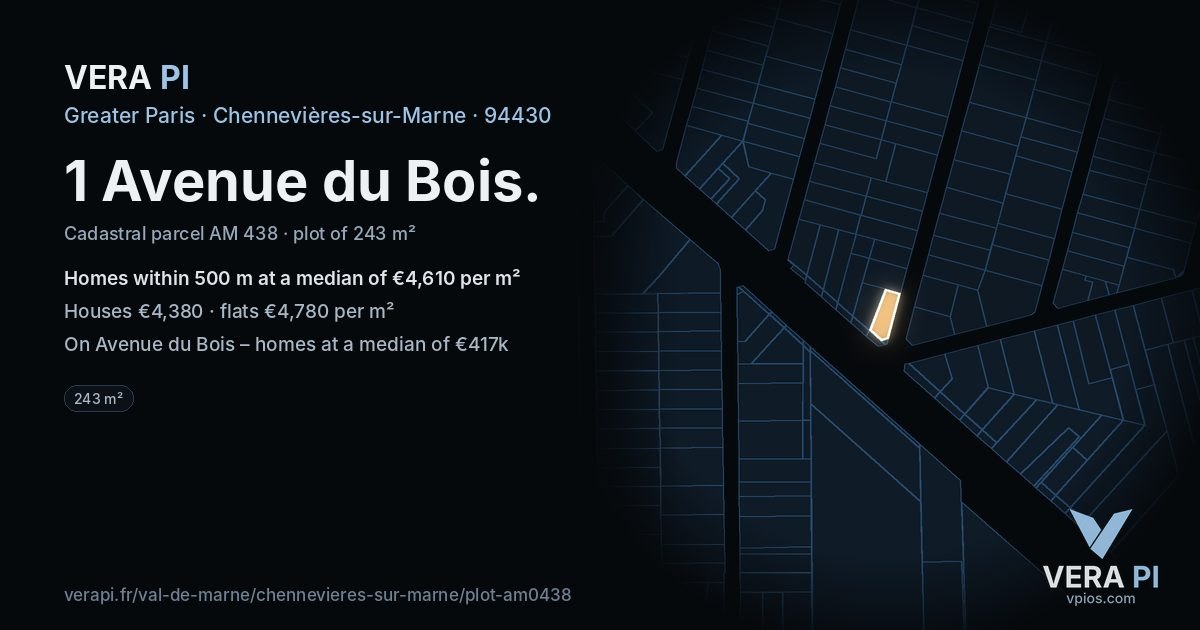 1 Avenue du Bois, Chennevières-sur-Marne at night – the plot lit, the parcels around coloured by the prices near them
