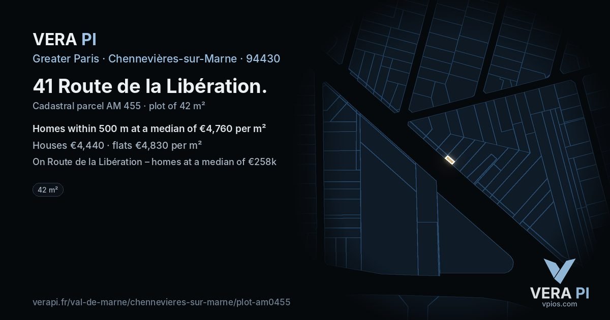 41 Route de la Libération, Chennevières-sur-Marne at night – the plot lit, the parcels around coloured by the prices near them