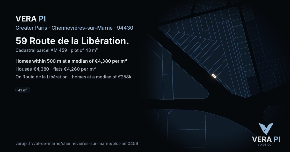 59 Route de la Libération, Chennevières-sur-Marne at night – the plot lit, the parcels around coloured by the prices near them
