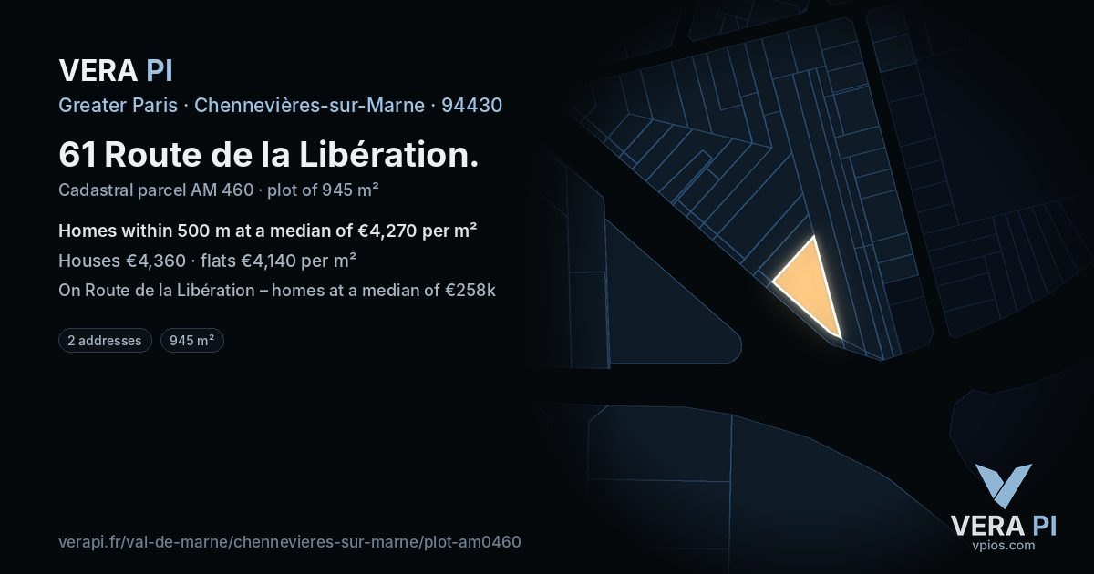 61 Route de la Libération, Chennevières-sur-Marne at night – the plot lit, the parcels around coloured by the prices near them