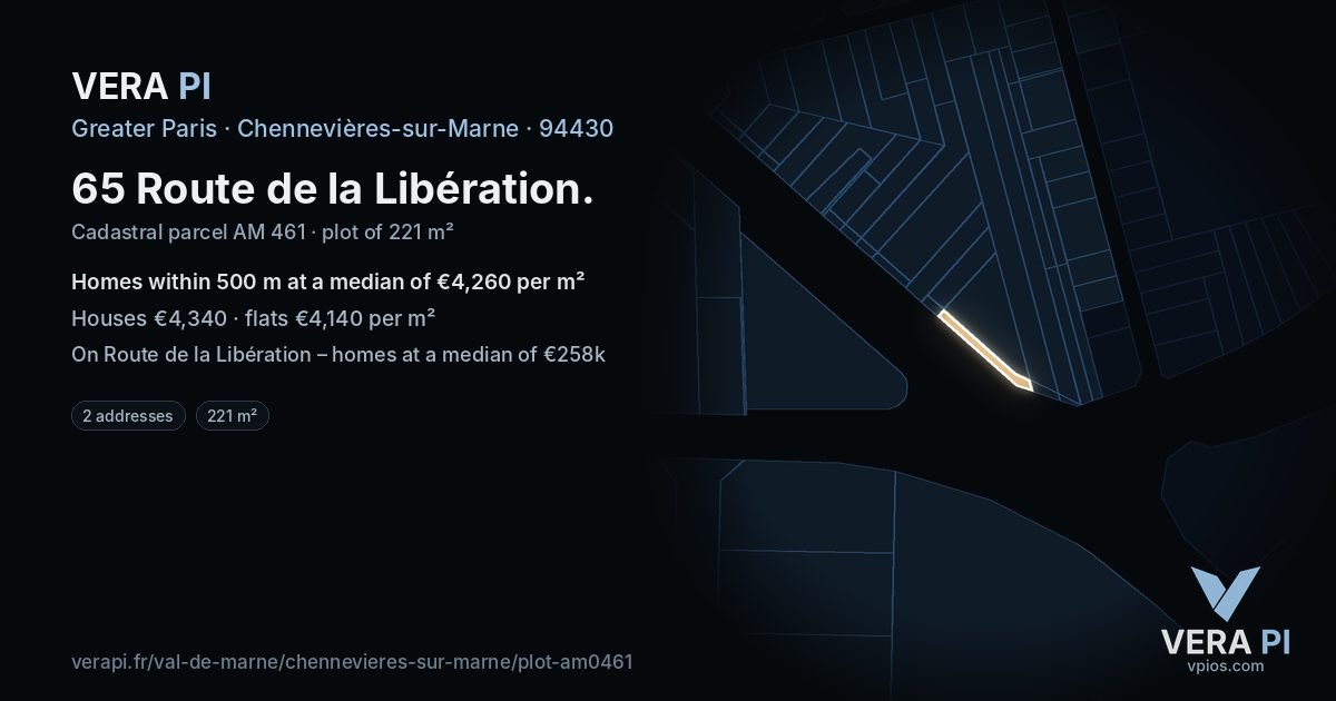 65 Route de la Libération, Chennevières-sur-Marne at night – the plot lit, the parcels around coloured by the prices near them