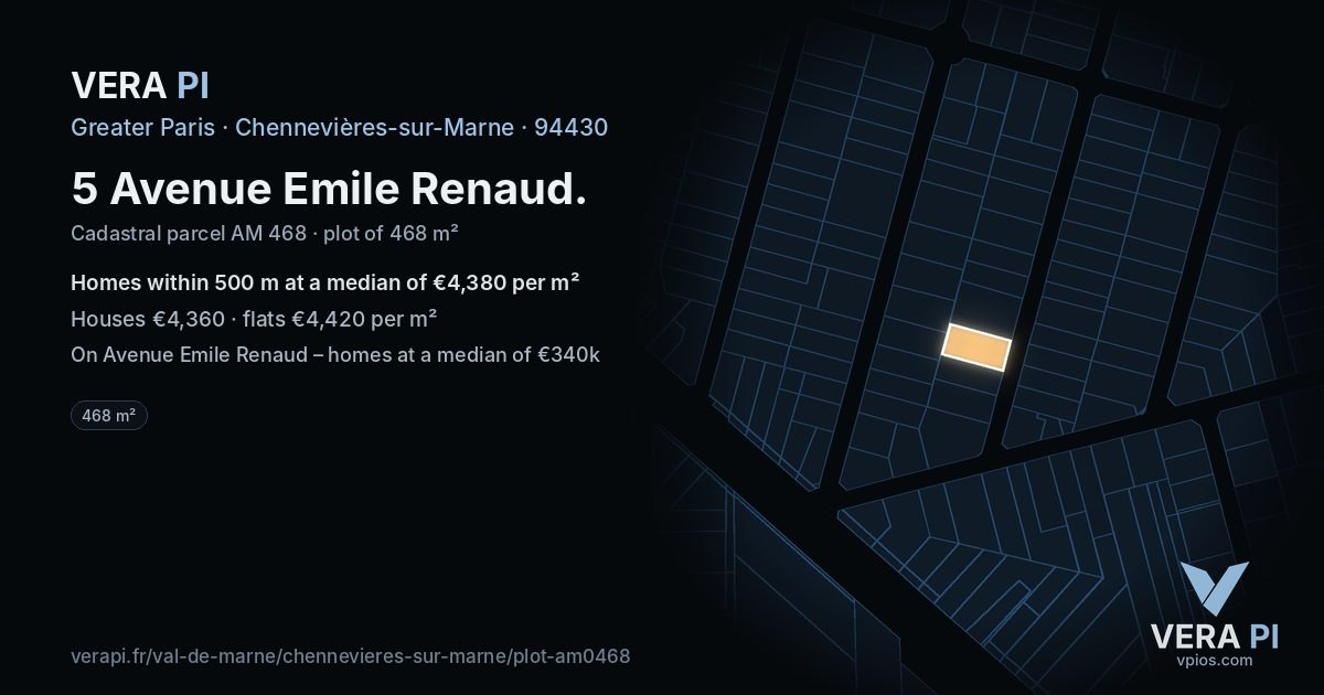 5 Avenue Emile Renaud, Chennevières-sur-Marne at night – the plot lit, the parcels around coloured by the prices near them