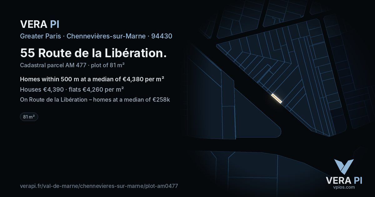 55 Route de la Libération, Chennevières-sur-Marne at night – the plot lit, the parcels around coloured by the prices near them