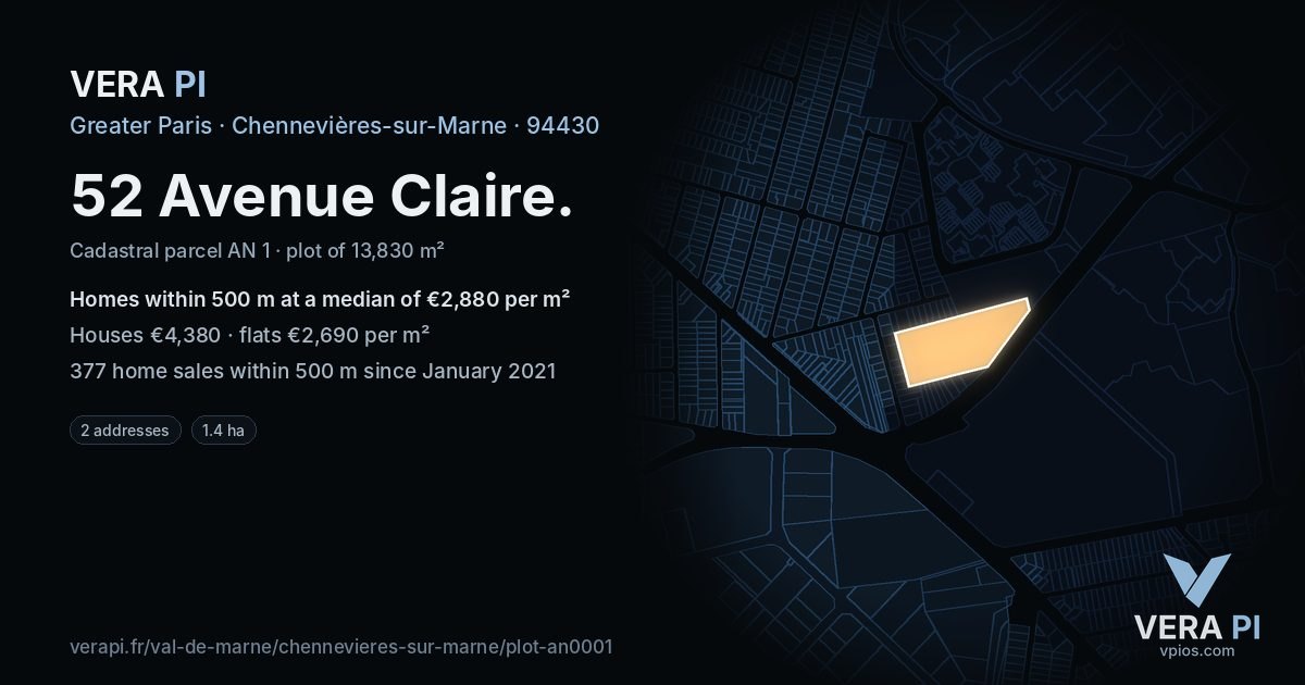 52 Avenue Claire, Chennevières-sur-Marne at night – the plot lit, the parcels around coloured by the prices near them