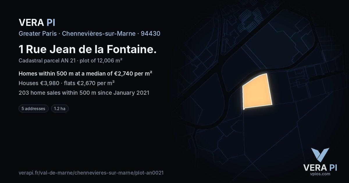 1 Rue Jean de la Fontaine, Chennevières-sur-Marne at night – the plot lit, the parcels around coloured by the prices near them