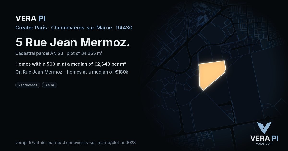 5 Rue Jean Mermoz, Chennevières-sur-Marne at night – the plot lit, the parcels around coloured by the prices near them
