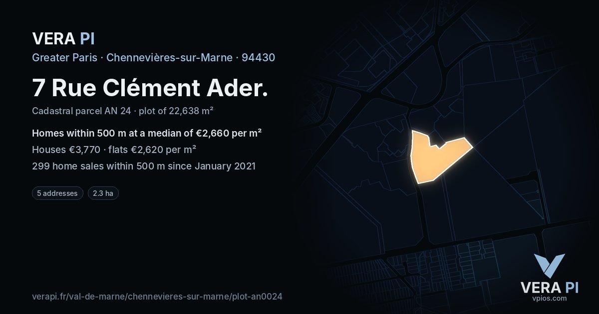 7 Rue Clément Ader, Chennevières-sur-Marne at night – the plot lit, the parcels around coloured by the prices near them