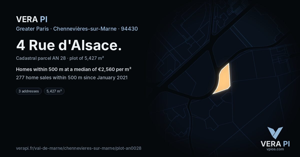 4 Rue d'Alsace, Chennevières-sur-Marne at night – the plot lit, the parcels around coloured by the prices near them