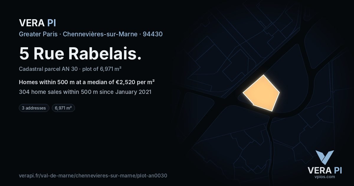 5 Rue Rabelais, Chennevières-sur-Marne at night – the plot lit, the parcels around coloured by the prices near them