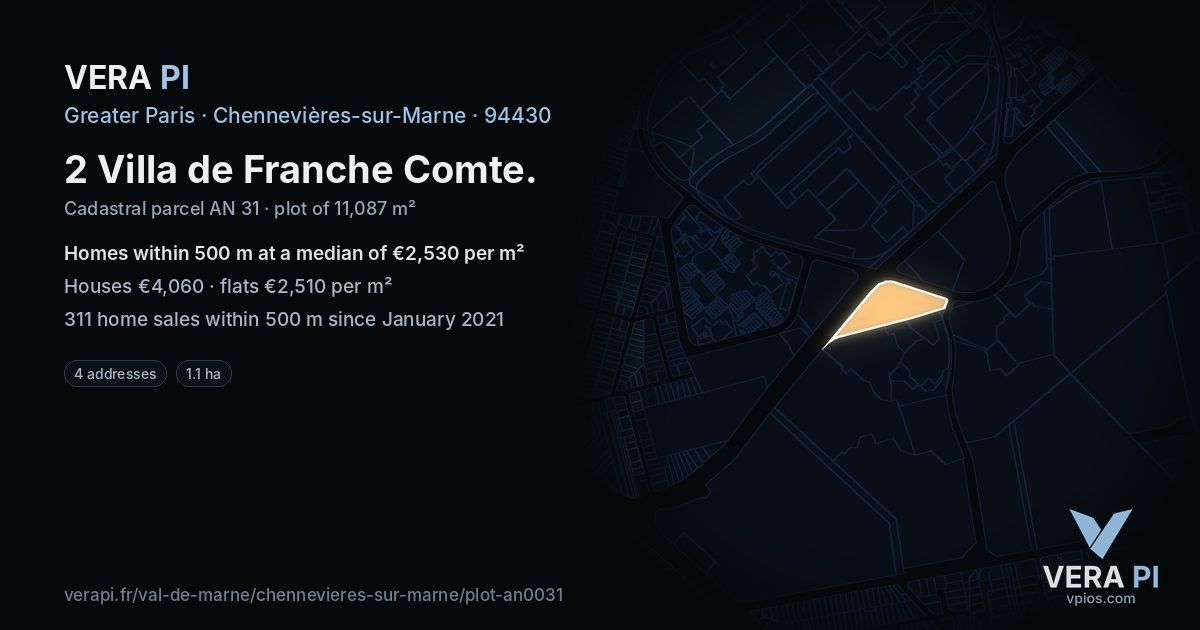 2 Villa de Franche Comte, Chennevières-sur-Marne at night – the plot lit, the parcels around coloured by the prices near them