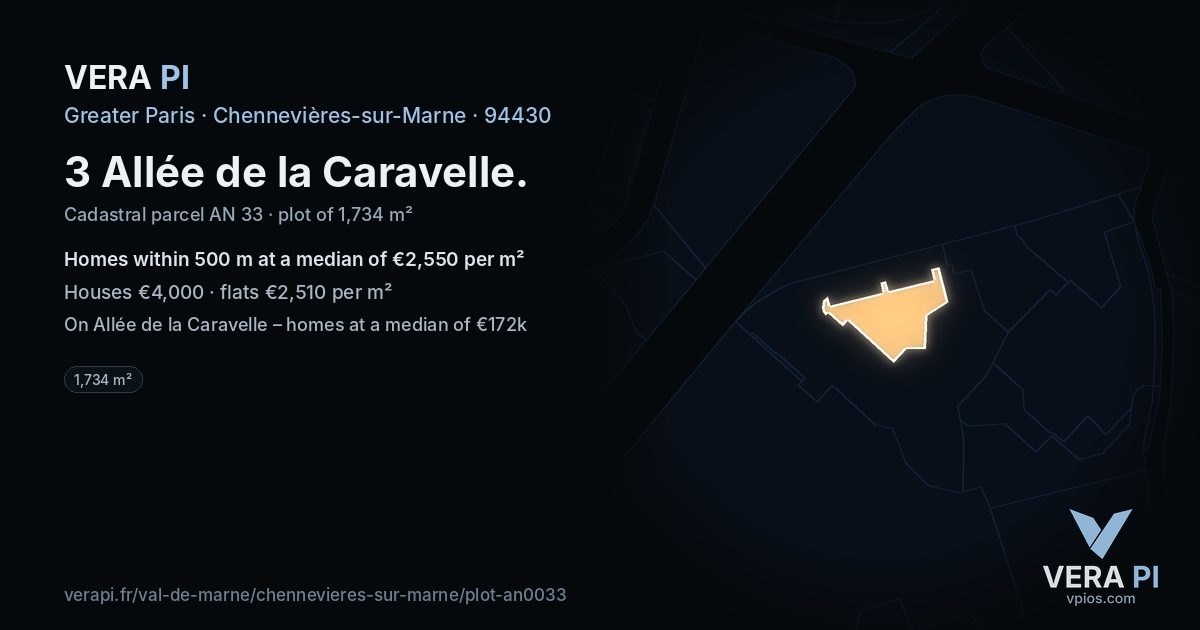 3 Allée de la Caravelle, Chennevières-sur-Marne at night – the plot lit, the parcels around coloured by the prices near them