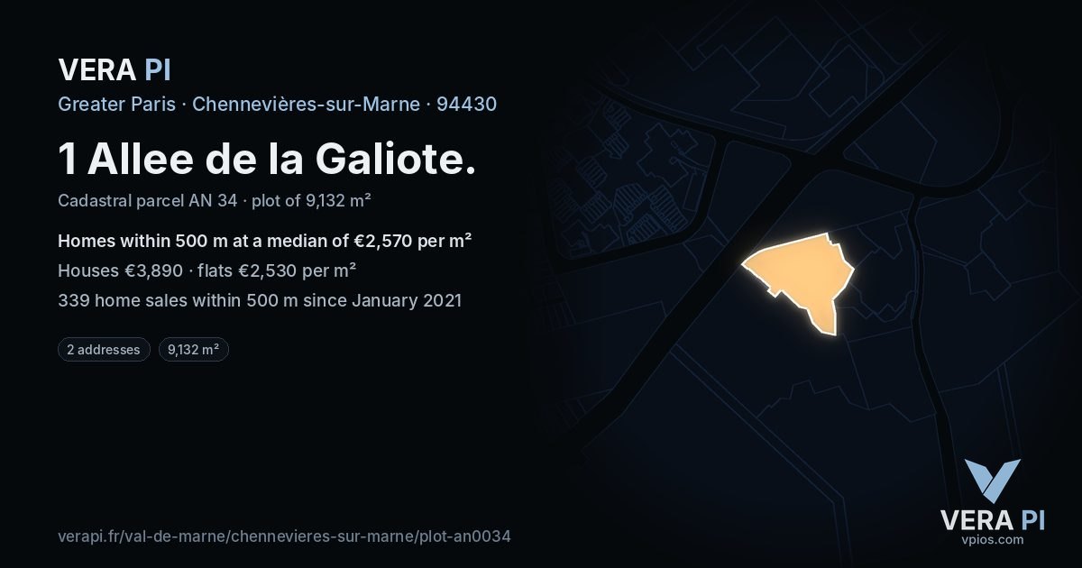 1 Allee de la Galiote, Chennevières-sur-Marne at night – the plot lit, the parcels around coloured by the prices near them