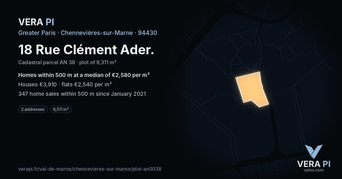 18 Rue Clément Ader, Chennevières-sur-Marne at night – the plot lit, the parcels around coloured by the prices near them
