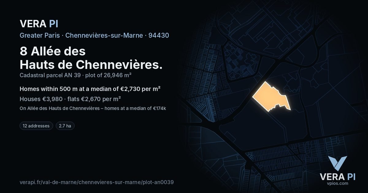 8 Allée des Hauts de Chennevières, Chennevières-sur-Marne at night – the plot lit, the parcels around coloured by the prices near them