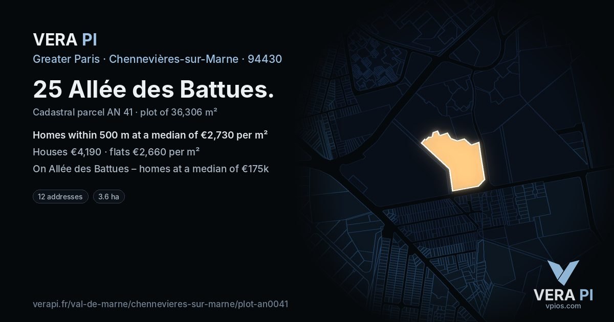 25 Allée des Battues, Chennevières-sur-Marne at night – the plot lit, the parcels around coloured by the prices near them