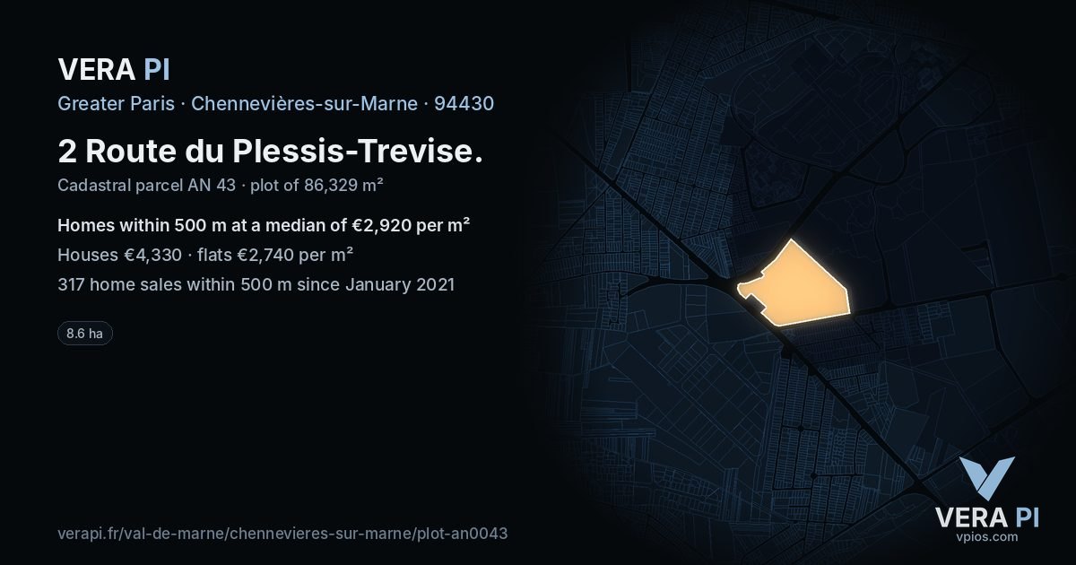 2 Route du Plessis-Trevise, Chennevières-sur-Marne at night – the plot lit, the parcels around coloured by the prices near them
