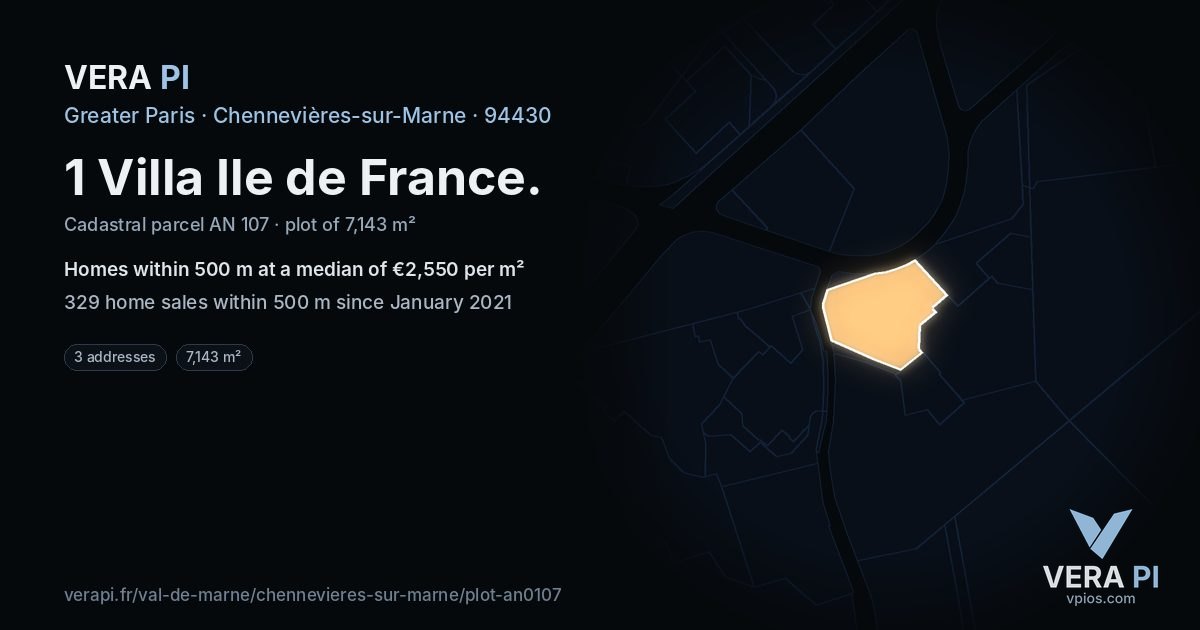 1 Villa Ile de France, Chennevières-sur-Marne at night – the plot lit, the parcels around coloured by the prices near them