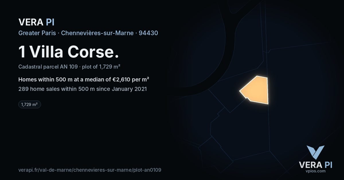 1 Villa Corse, Chennevières-sur-Marne at night – the plot lit, the parcels around coloured by the prices near them