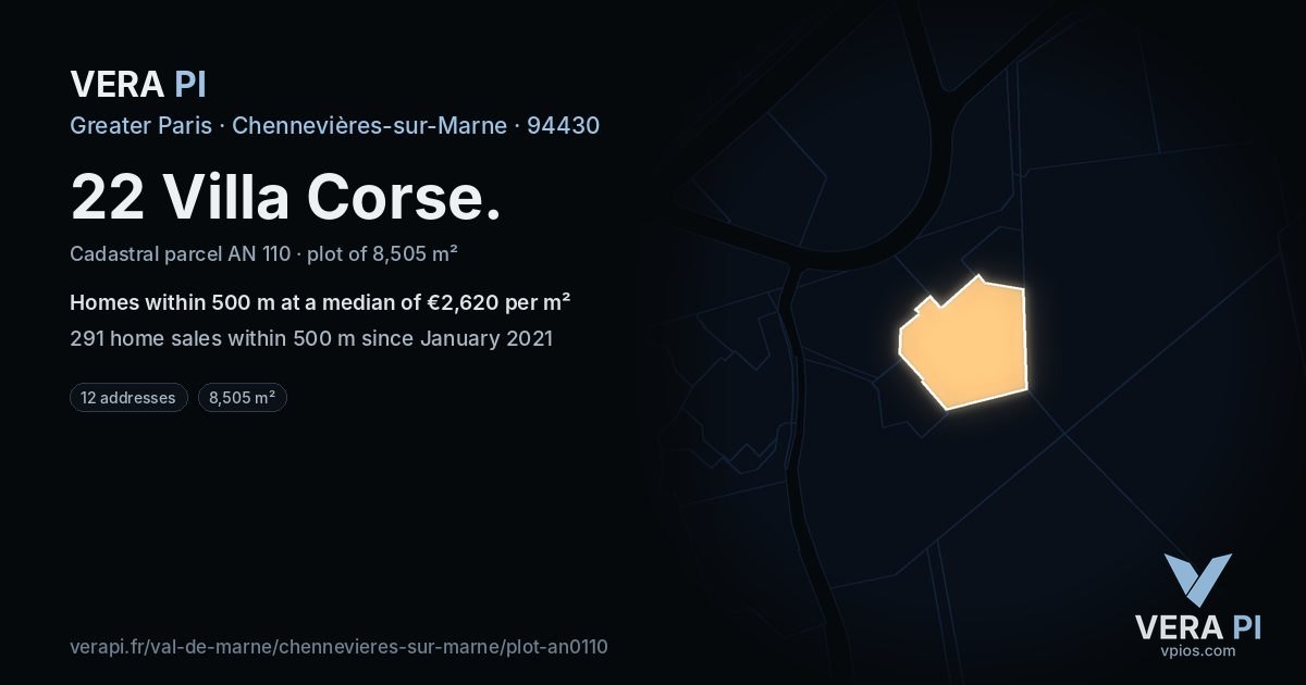 22 Villa Corse, Chennevières-sur-Marne at night – the plot lit, the parcels around coloured by the prices near them