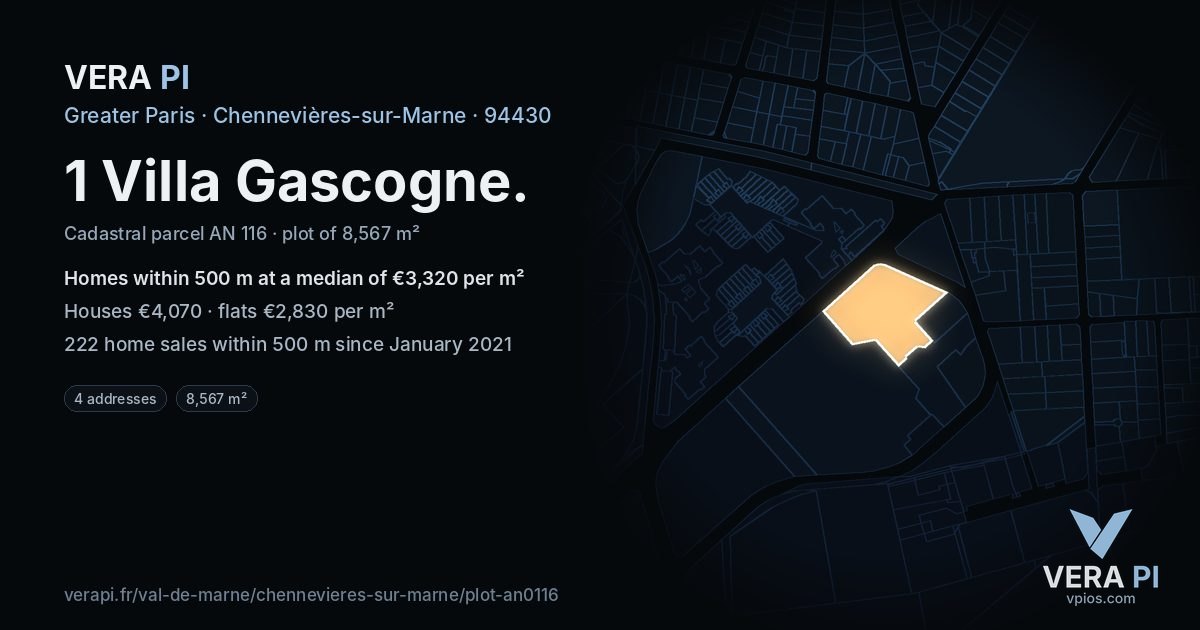 1 Villa Gascogne, Chennevières-sur-Marne at night – the plot lit, the parcels around coloured by the prices near them