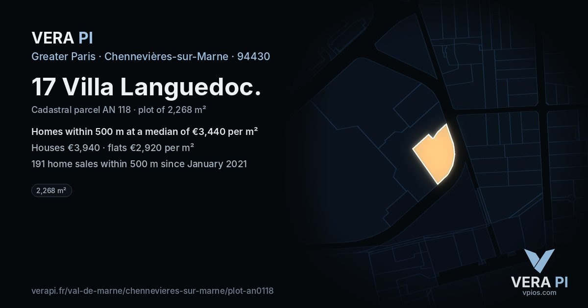 17 Villa Languedoc, Chennevières-sur-Marne at night – the plot lit, the parcels around coloured by the prices near them