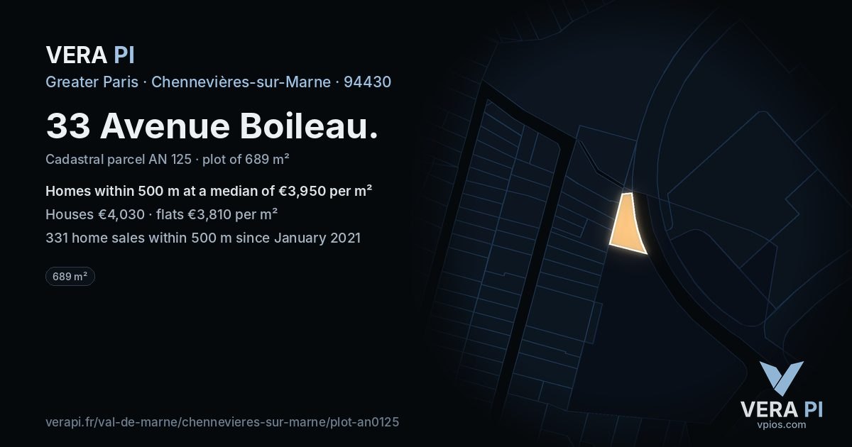 33 Avenue Boileau, Chennevières-sur-Marne at night – the plot lit, the parcels around coloured by the prices near them