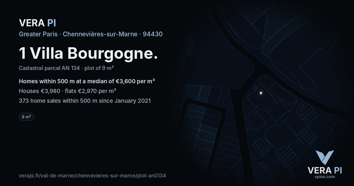 1 Villa Bourgogne, Chennevières-sur-Marne at night – the plot lit, the parcels around coloured by the prices near them