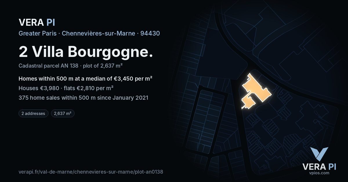 2 Villa Bourgogne, Chennevières-sur-Marne at night – the plot lit, the parcels around coloured by the prices near them
