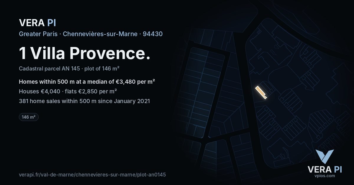 1 Villa Provence, Chennevières-sur-Marne at night – the plot lit, the parcels around coloured by the prices near them