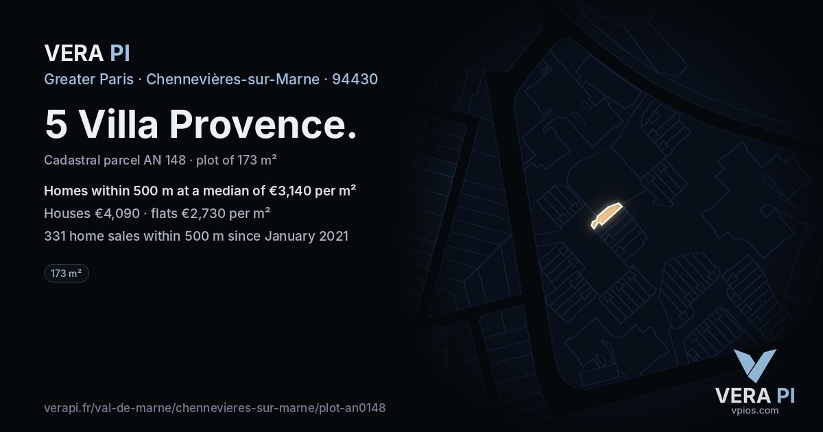 5 Villa Provence, Chennevières-sur-Marne at night – the plot lit, the parcels around coloured by the prices near them