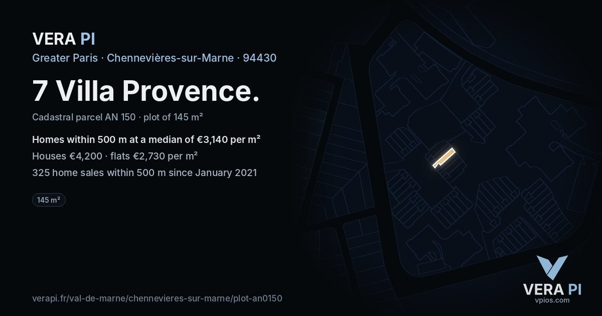 7 Villa Provence, Chennevières-sur-Marne at night – the plot lit, the parcels around coloured by the prices near them