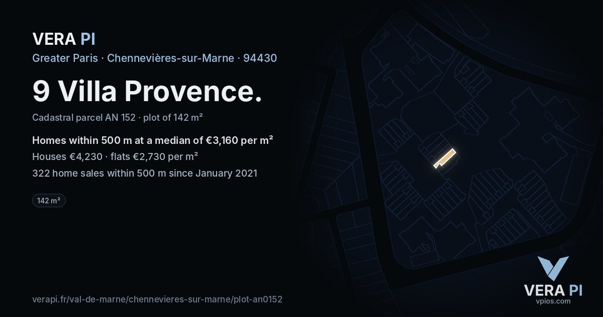 9 Villa Provence, Chennevières-sur-Marne at night – the plot lit, the parcels around coloured by the prices near them
